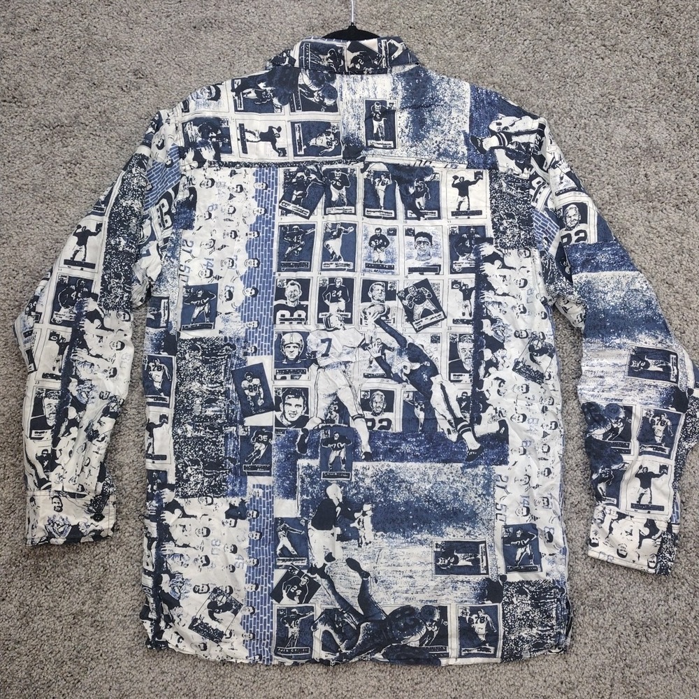 ROBERT STOCK SILK FOOTBALL PLAYER BUTTON UP Blue White All Over Print Men's LG - Picture 9 of 14